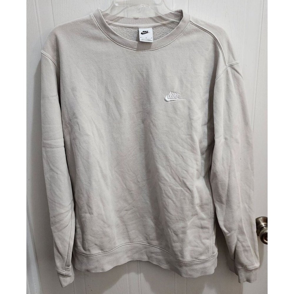 Nike Fleece Lined Sweatshirt Beige Crewneck Embroidered Spell Out Swoosh Sz M
